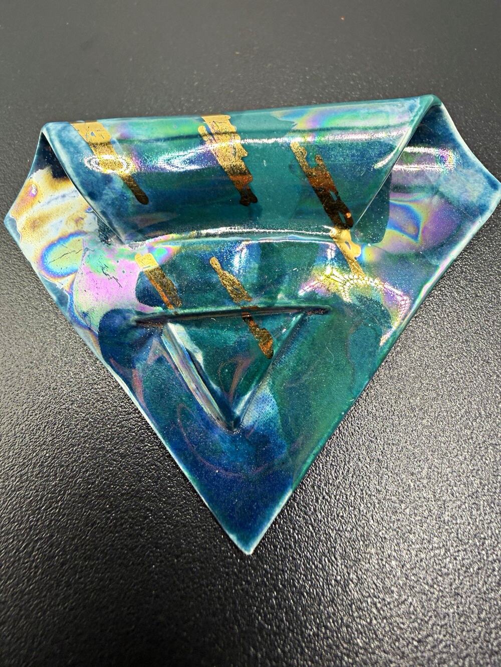 Karla Jordan Ceramic Origami Brooch Pin Iridescent Teal Gold Geometric Vintage